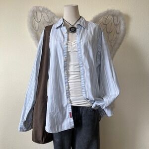 Indie Skater Grunge Blue Oversized‎ Shirt Button Up Long Sleeve Dad XL Pastel